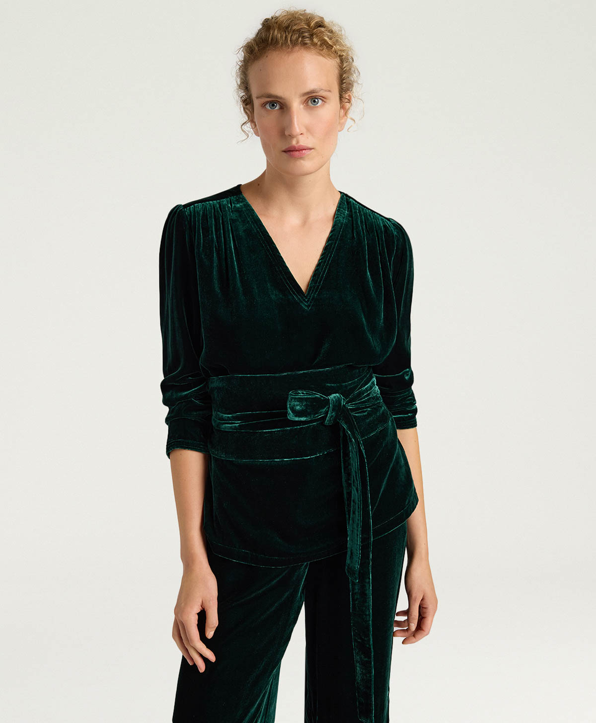 APPLE BLOUSE IN SMOOTH VELVET - BOTTLE GREEN - Clothing - Momonì