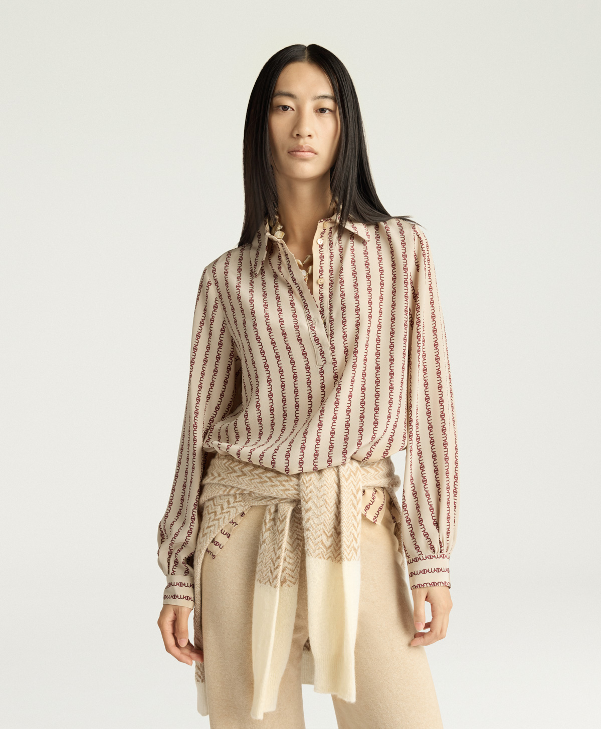 BLOUSE ASCOT EN CRÊPE DE CHINE IMPRIMÉ - BEIGE/BORDEAUX - Momonì