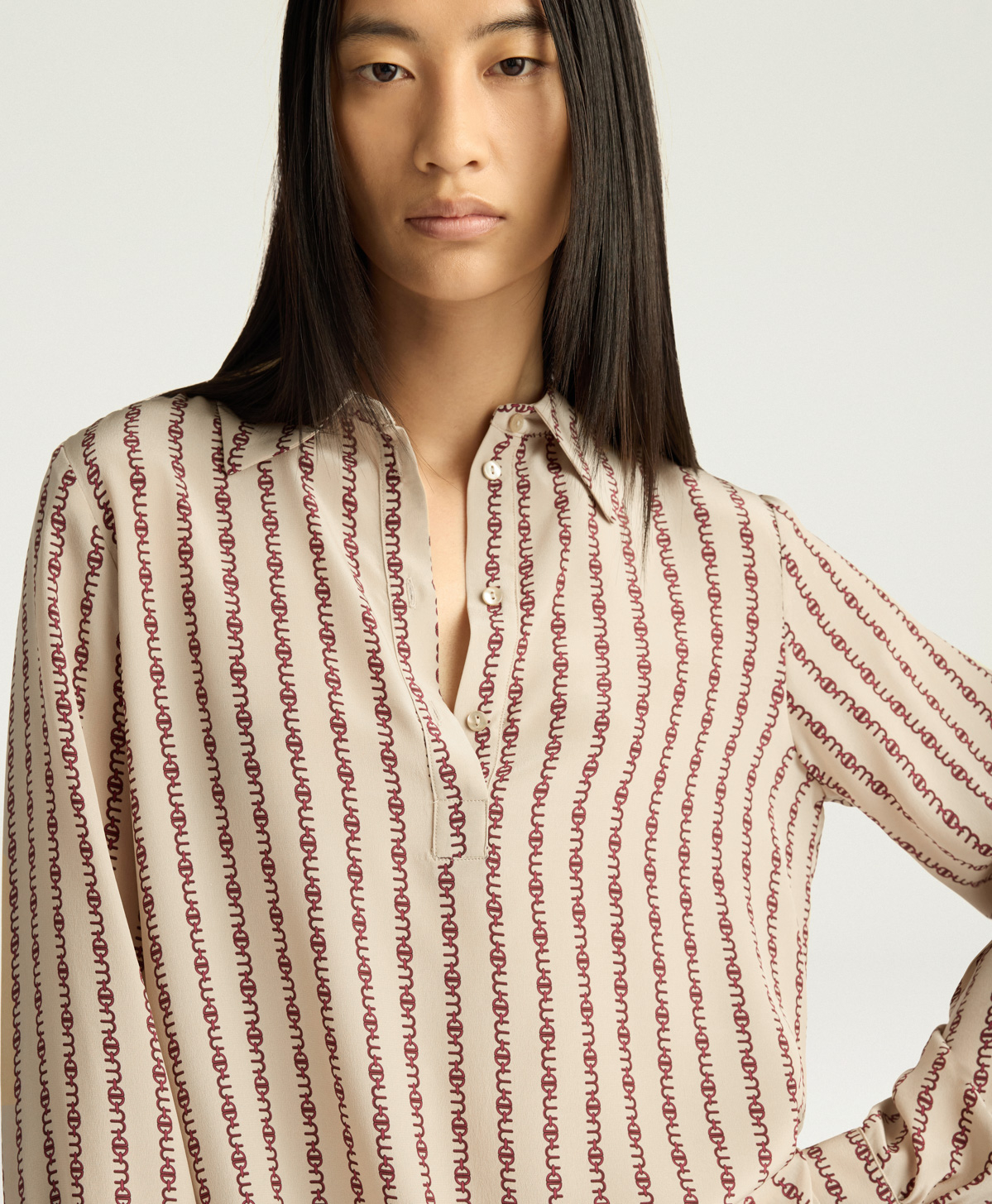 BLOUSE ASCOT EN CRÊPE DE CHINE IMPRIMÉ - BEIGE/BORDEAUX - Momonì