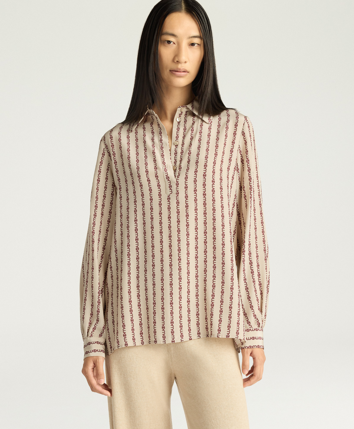 BLOUSE ASCOT EN CRÊPE DE CHINE IMPRIMÉ - BEIGE/BORDEAUX - Momonì