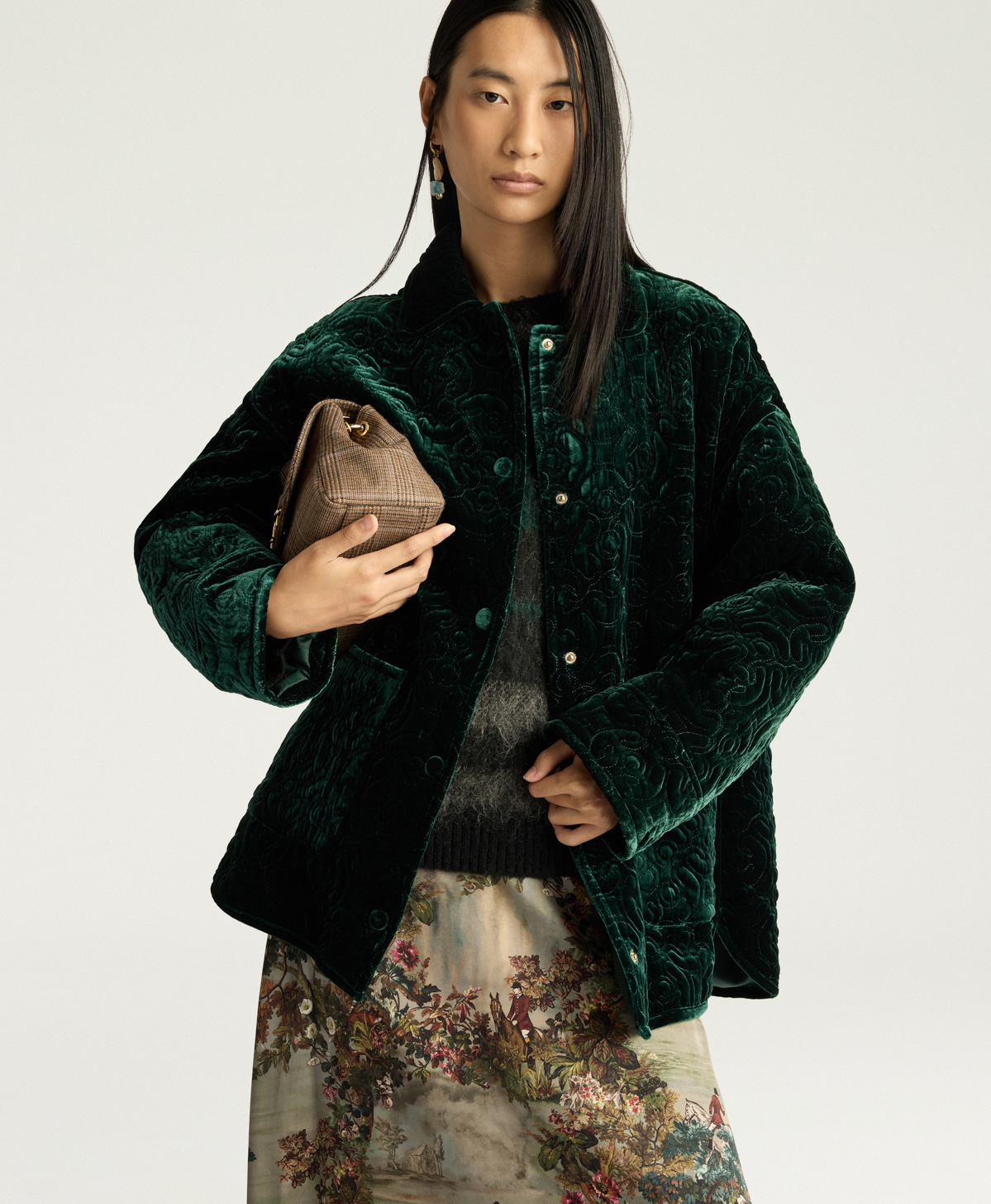 MANTEAU BOTANICAL EN VELOURS MATELASSÉ - VERT BOUTEILLE - Momonì