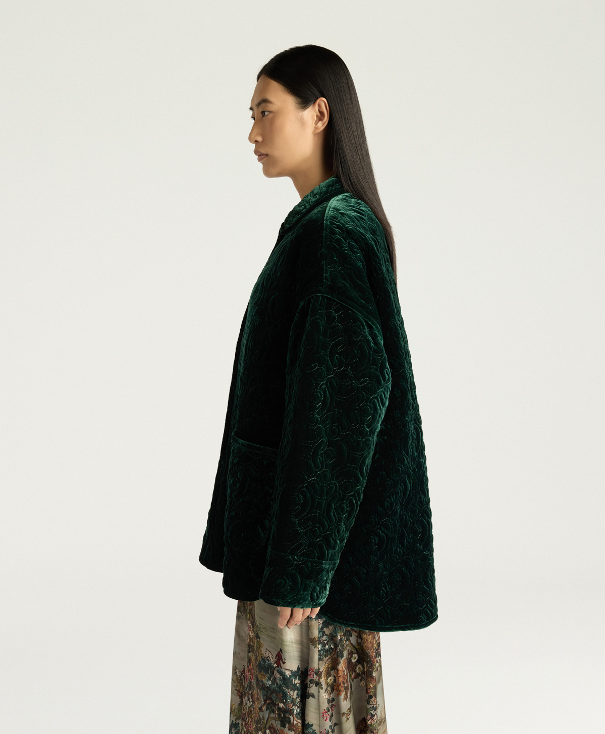 MANTEAU BOTANICAL EN VELOURS MATELASSÉ - VERT BOUTEILLE - Momonì
