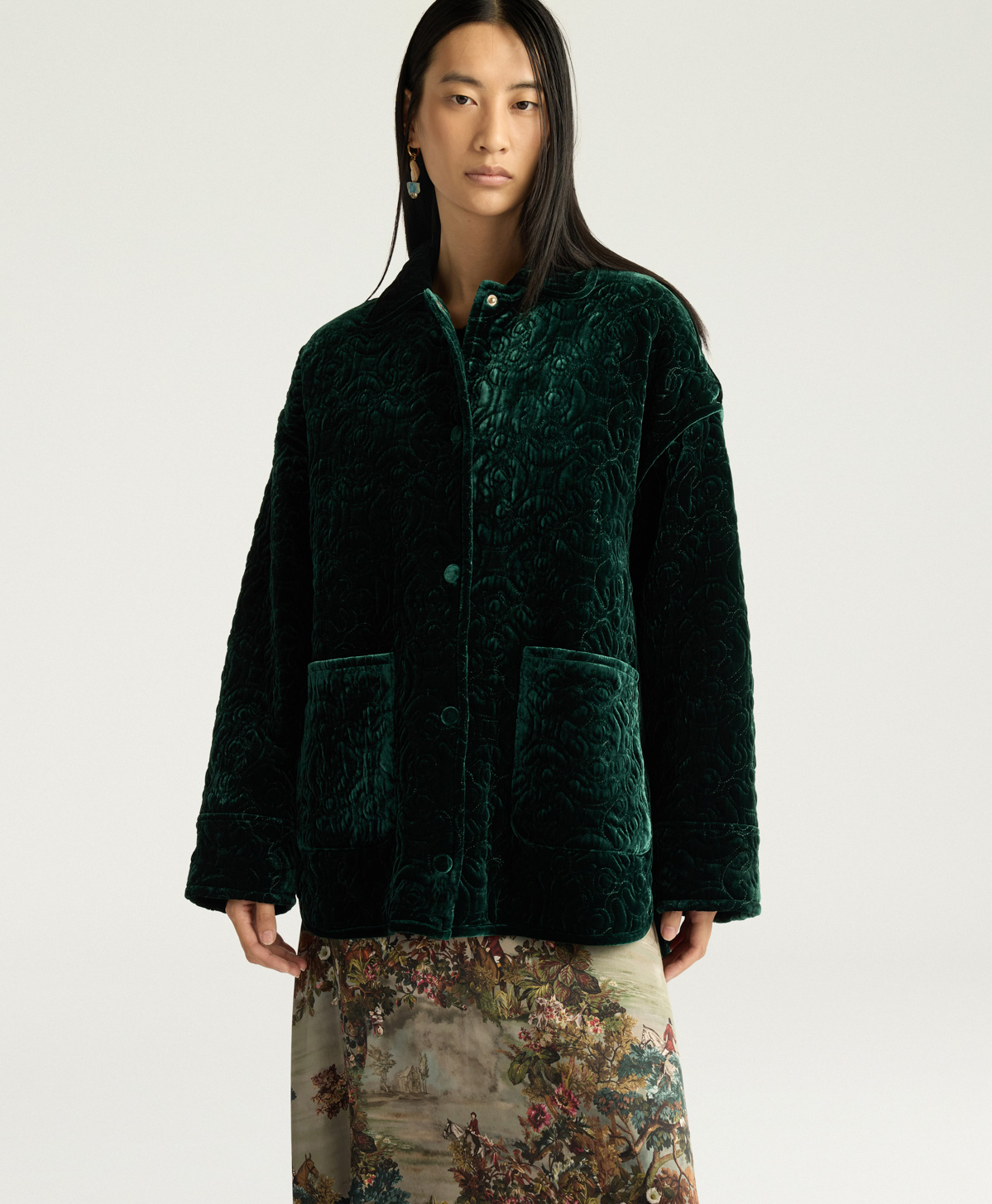 MANTEAU BOTANICAL EN VELOURS MATELASSÉ - VERT BOUTEILLE - Momonì