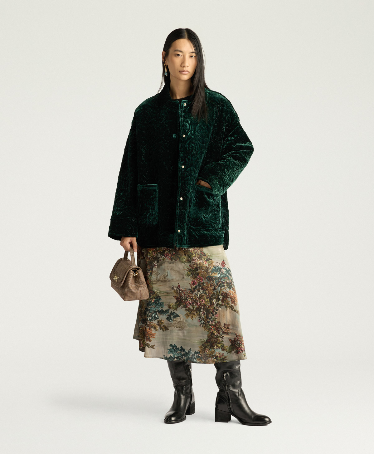 MANTEAU BOTANICAL EN VELOURS MATELASSÉ - VERT BOUTEILLE - Momonì