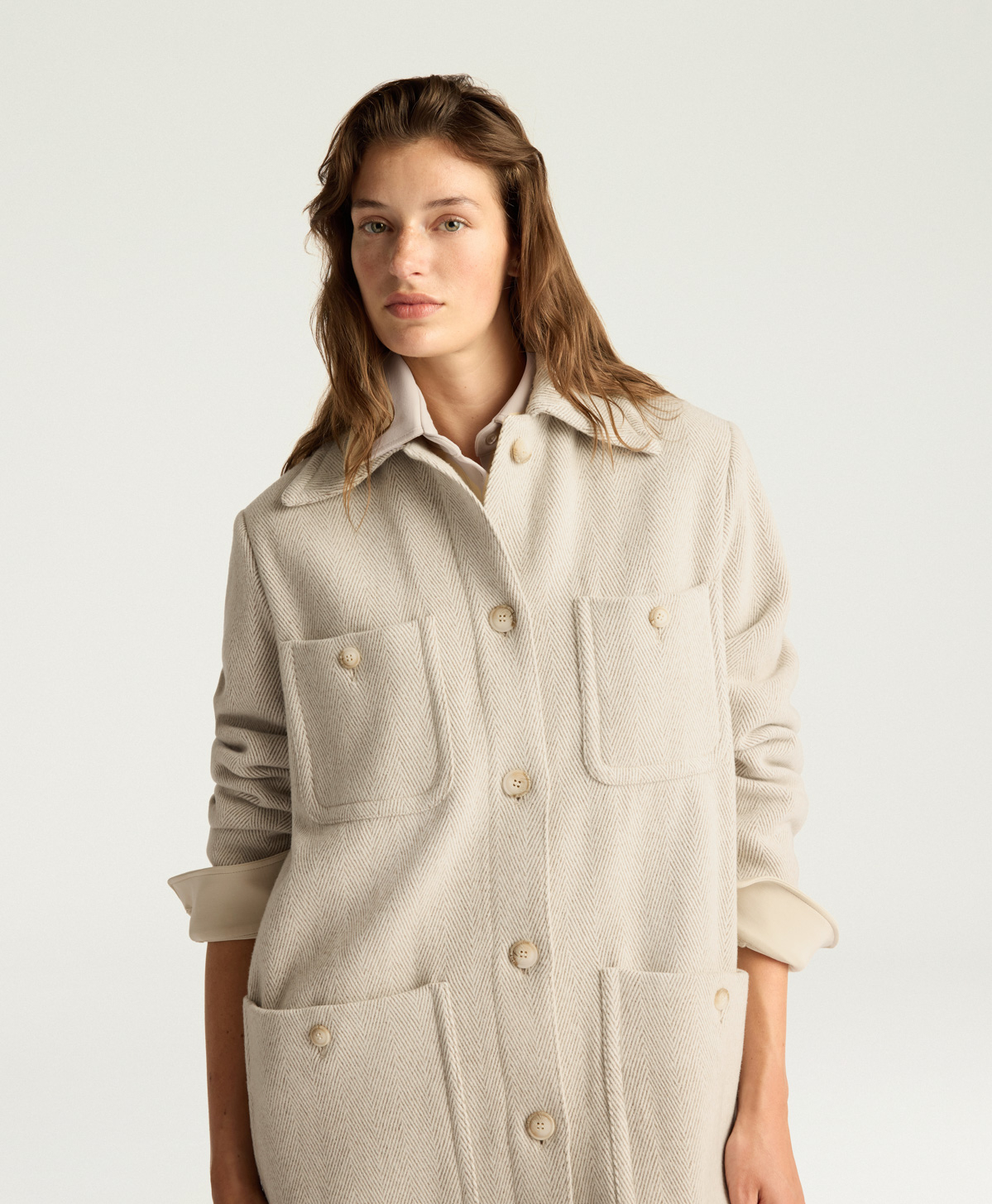 TRENT COAT IN CHEVRON WOOL - CREAM/BEIGE - Momonì