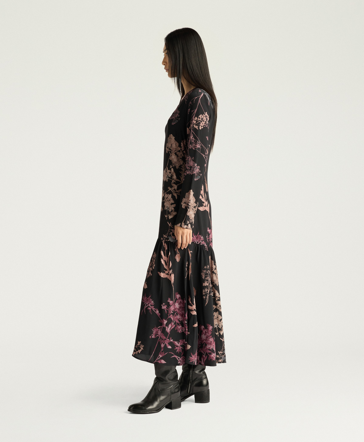 SCARLETT DRESS IN PRINTED CREPE DE CHINE - BLACK MULTICOLOR - Momonì