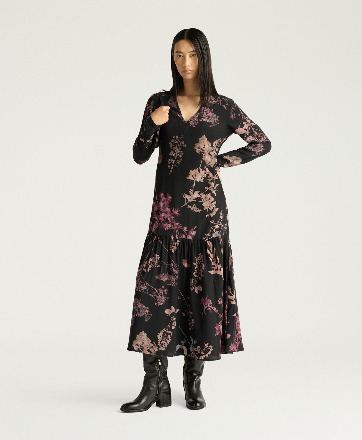 SCARLETT DRESS IN PRINTED CREPE DE CHINE - BLACK MULTICOLOR - Momonì