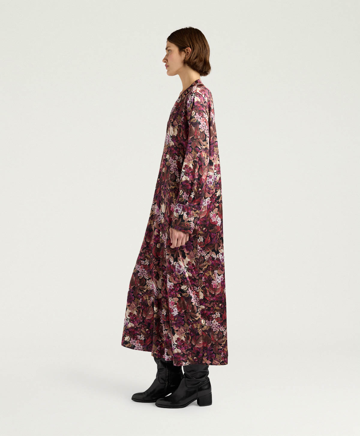 AMARA DRESS IN PRINTED STRETCH SATIN - MAGENTA MULTICOLOR - Momonì
