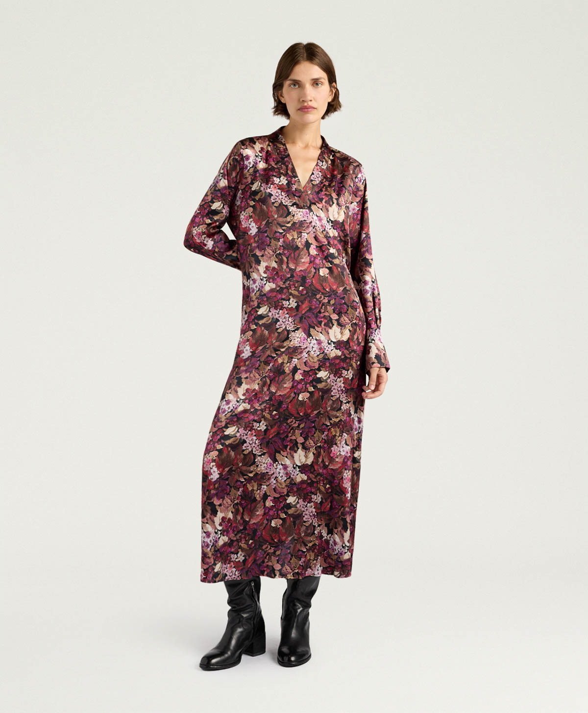 AMARA DRESS IN PRINTED STRETCH SATIN - MAGENTA MULTICOLOR - Momonì
