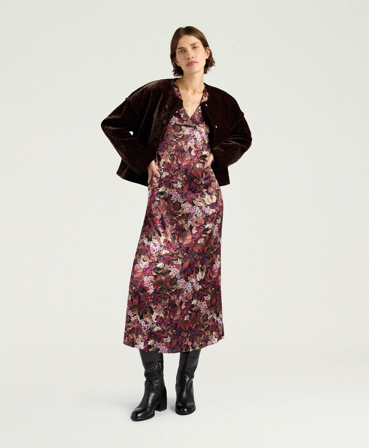 AMARA DRESS IN PRINTED STRETCH SATIN - MAGENTA MULTICOLOR - Momonì