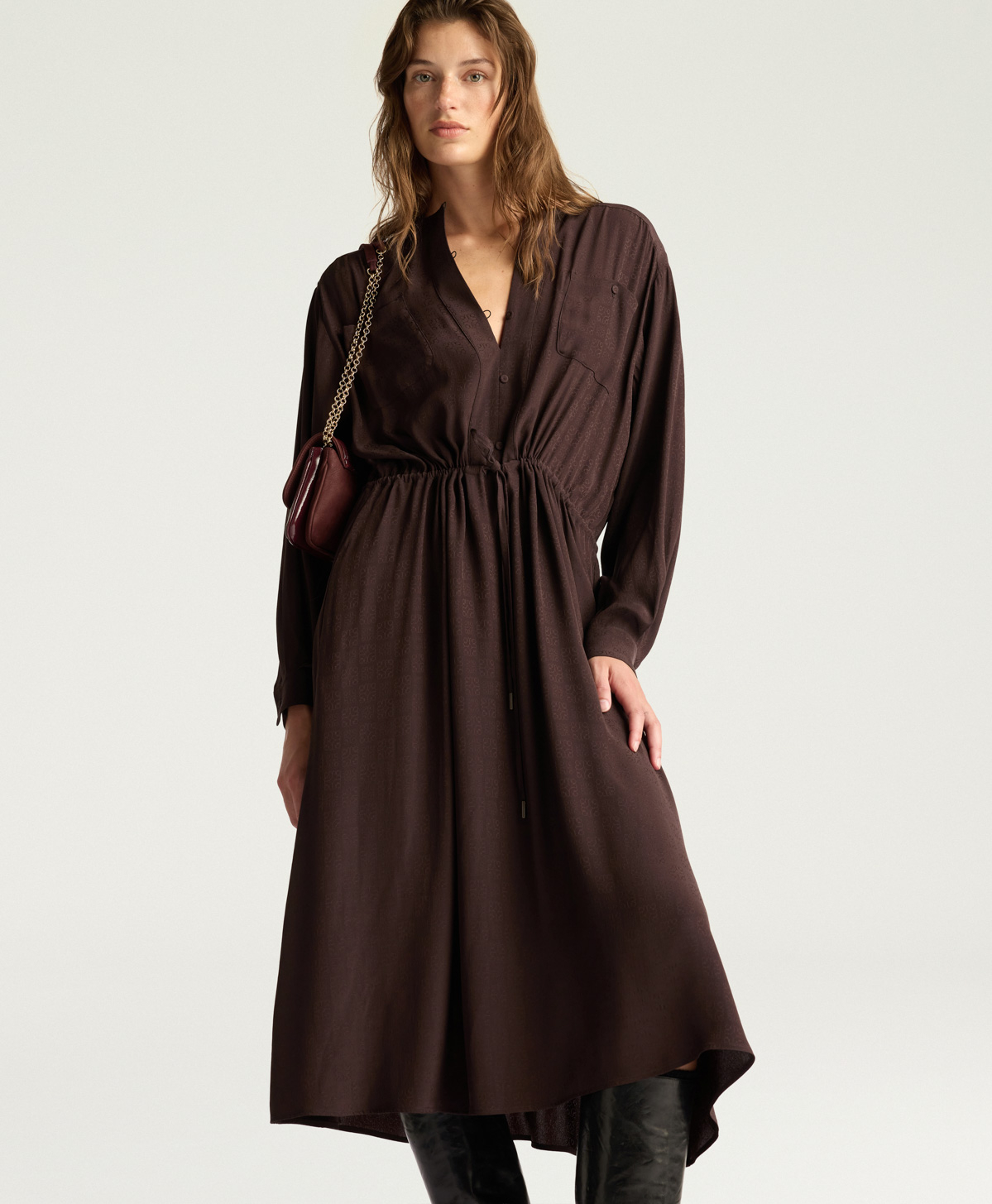 MAUVE DRESS IN ACETATE/SILK JACQUARD  - CHOCOLATE - Clothing - Momonì