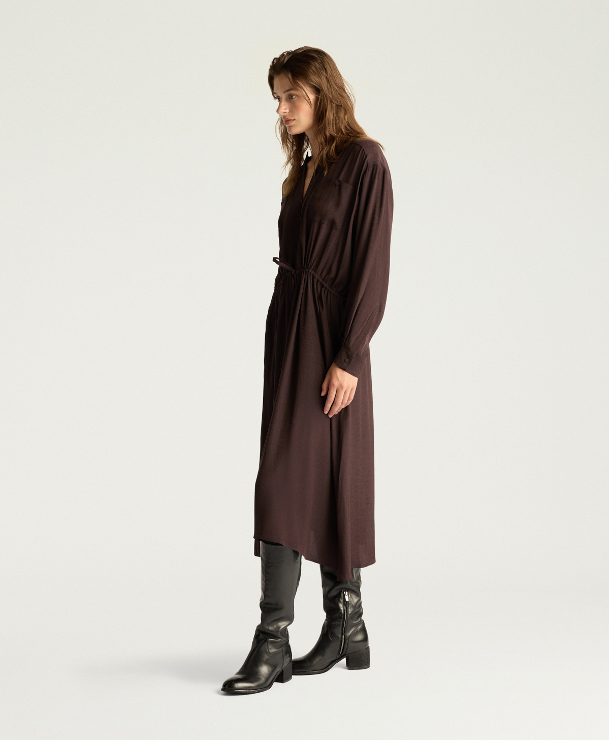 VESTITO MAUVE IN ACETATO SETA JAQUARD - CIOCCOLATO - Momonì