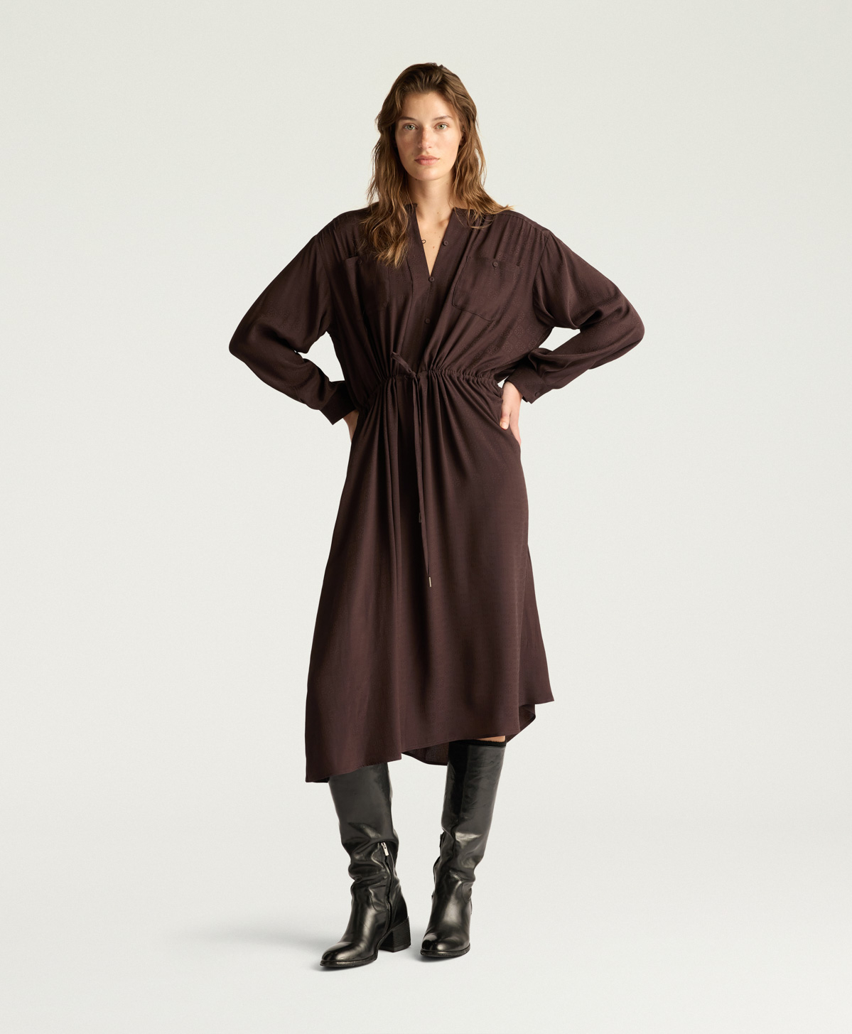 VESTITO MAUVE IN ACETATO SETA JAQUARD - CIOCCOLATO - Momonì