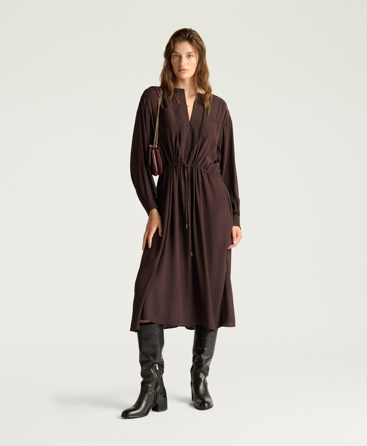 VESTITO MAUVE IN ACETATO SETA JAQUARD - CIOCCOLATO - Momonì