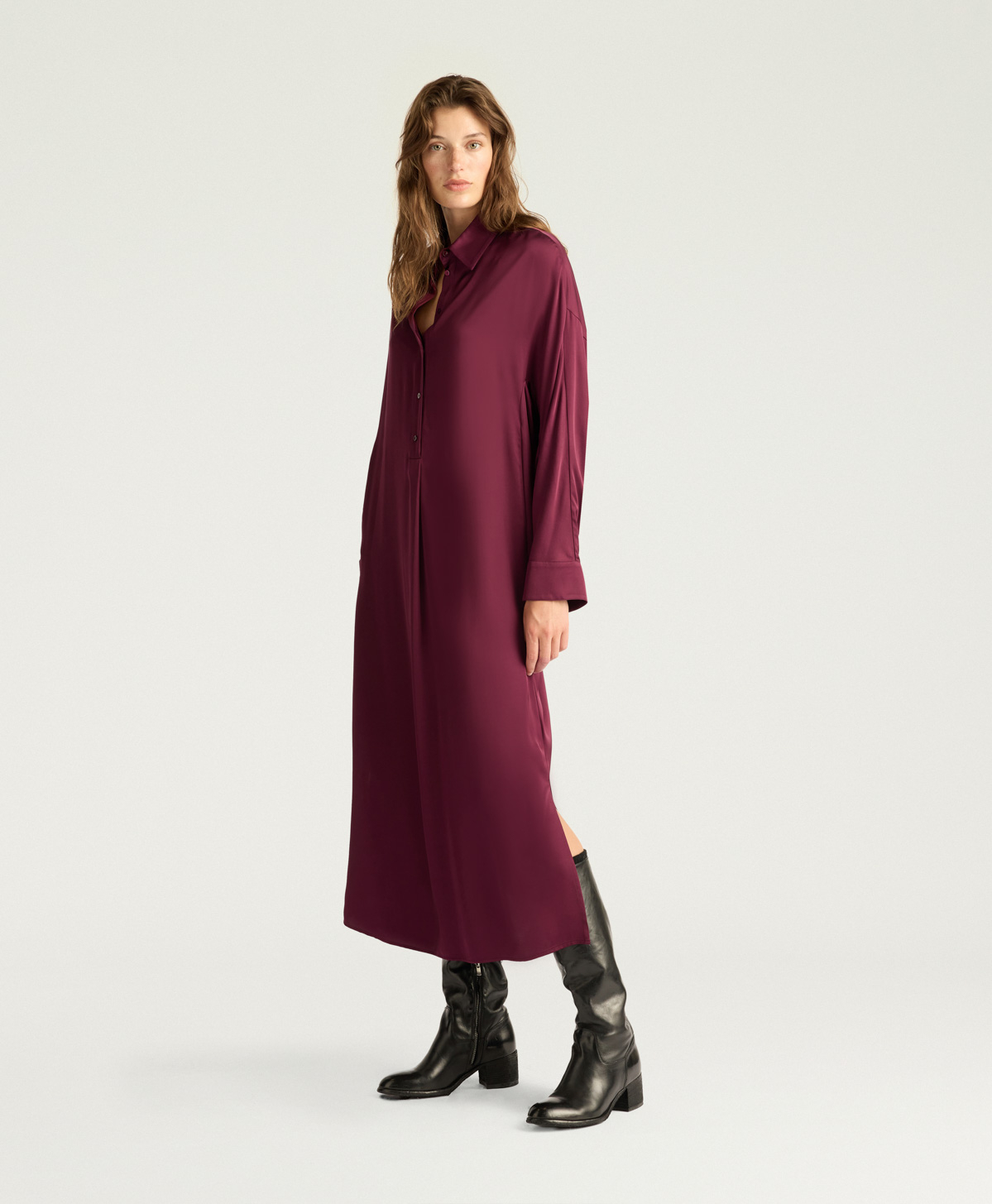 BIRMINGHAM DRESS IN STRETCH VISCOSE SATIN - WINE RED - Momonì