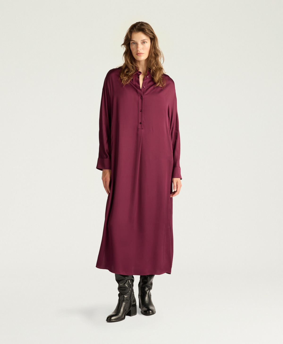 BIRMINGHAM DRESS IN STRETCH VISCOSE SATIN - WINE RED - Momonì