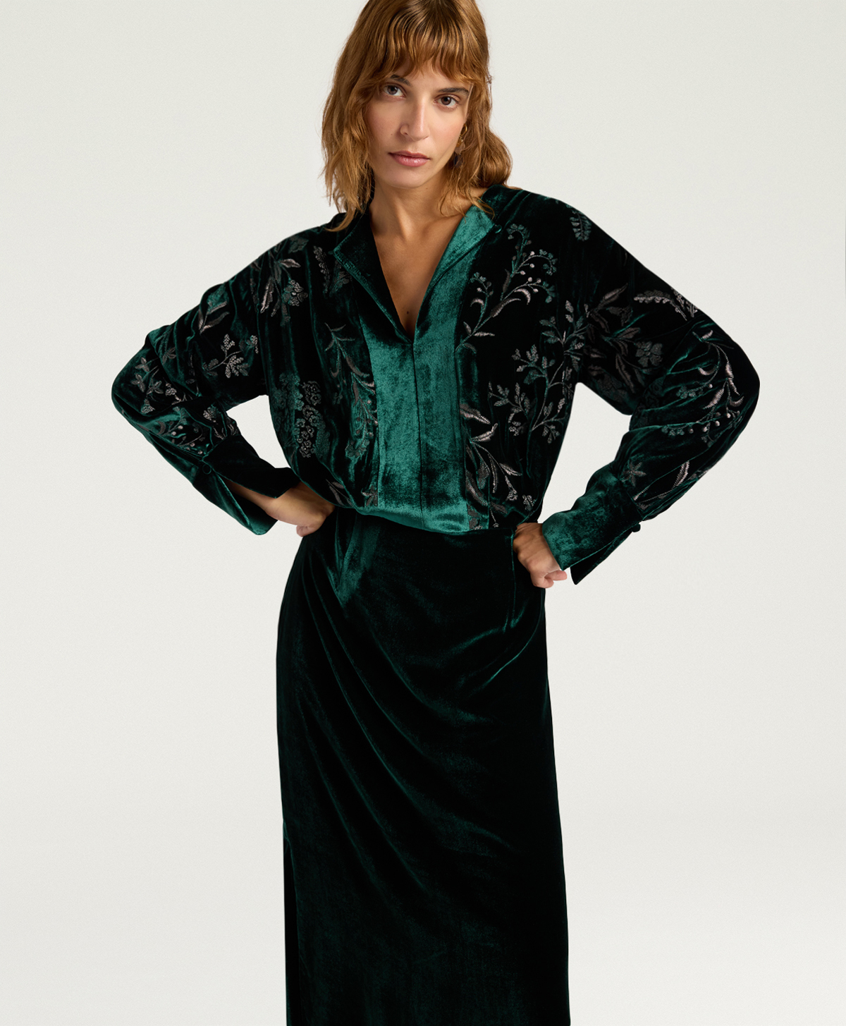BODIAM DRESS IN EMBROIDERED VELVET - BOTTLE GREEN - Momonì