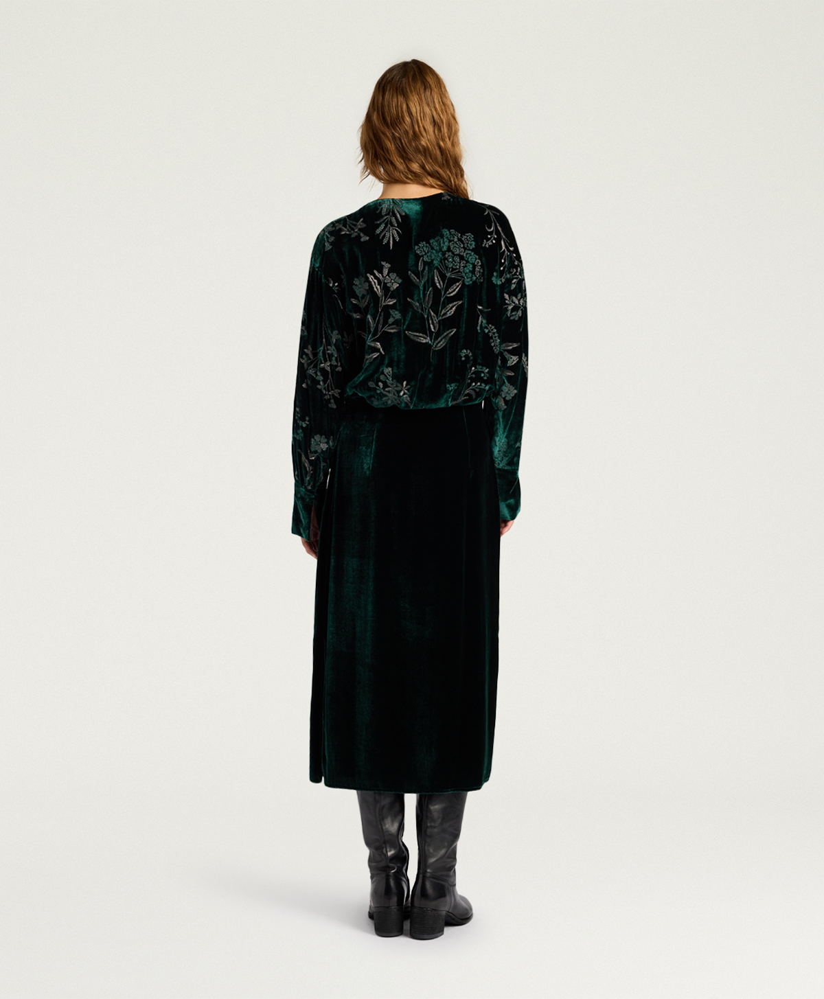 BODIAM DRESS IN EMBROIDERED VELVET - BOTTLE GREEN - Momonì