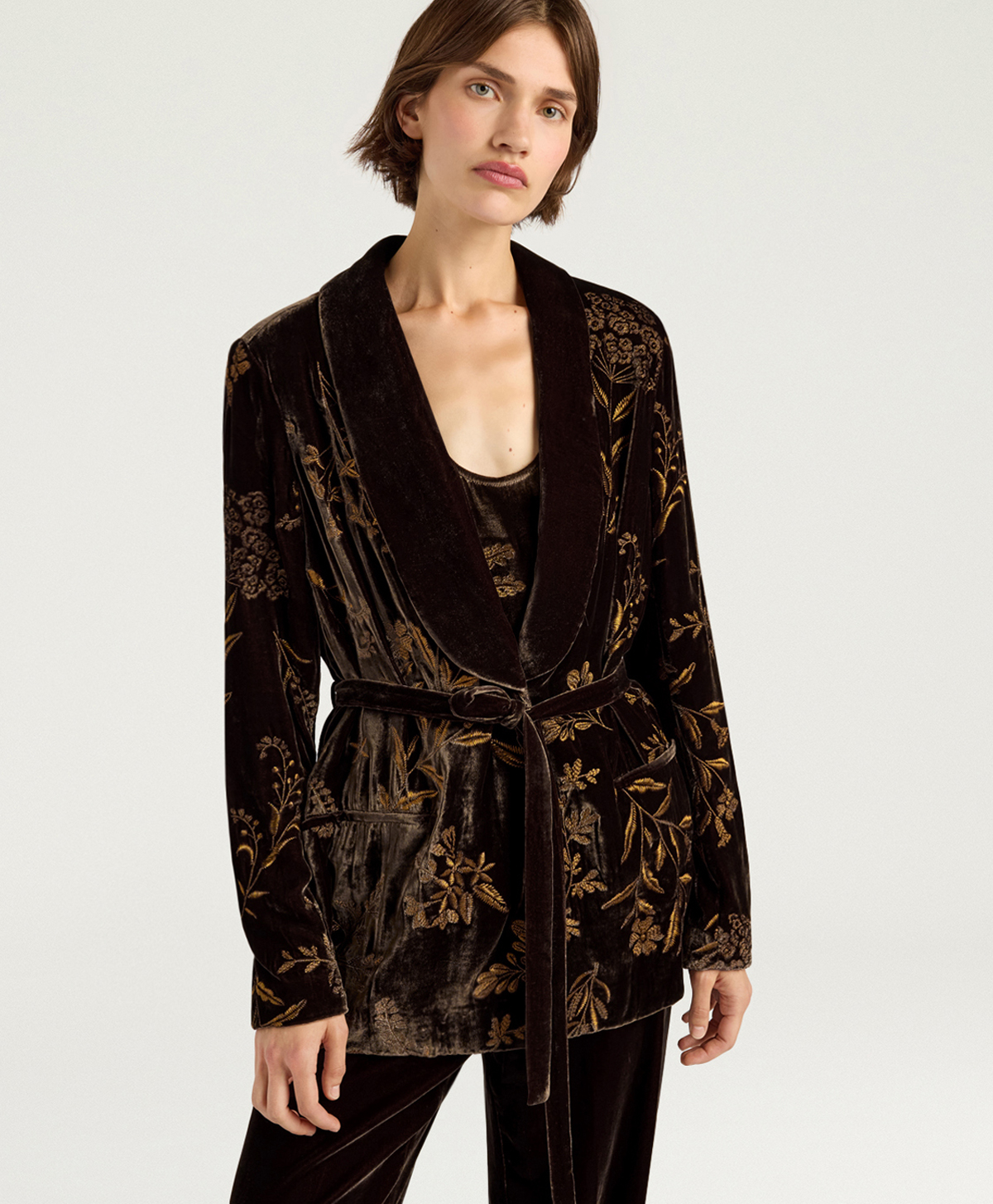 DAHLIA JACKET IN EMBROIDERED VELVET - BROWN - Clothing - Momonì