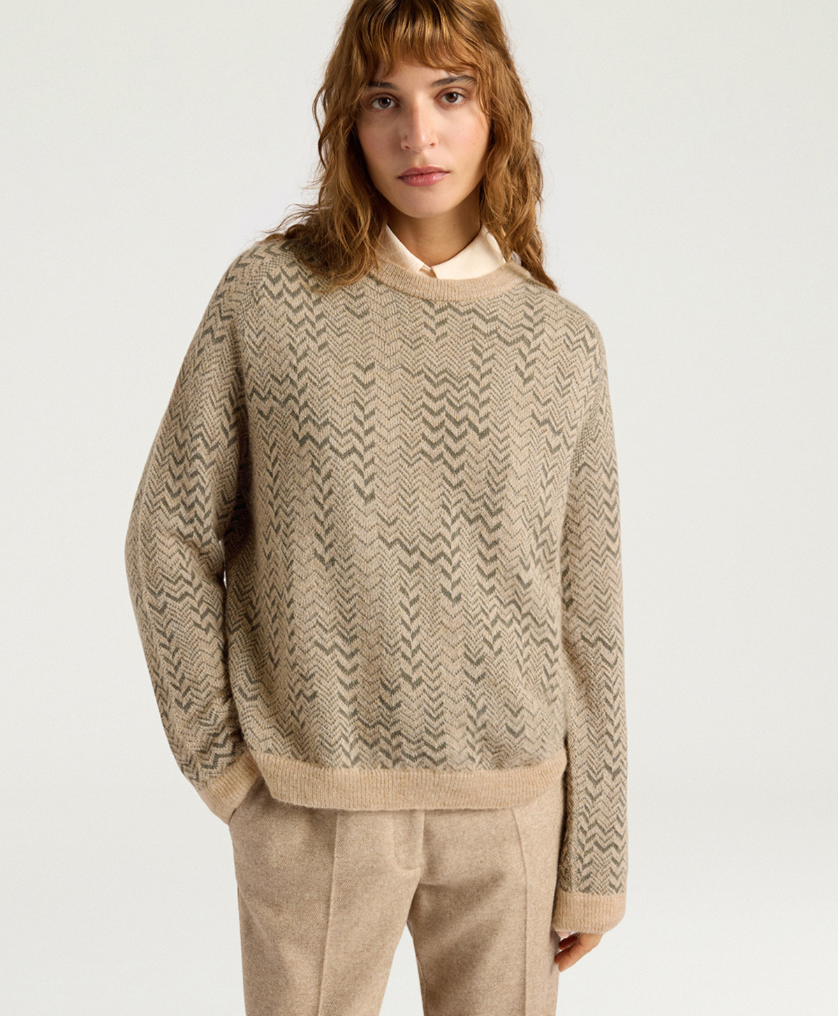 TRICOT SAGE EN JACQUARD - VERT/BEIGE - Momonì