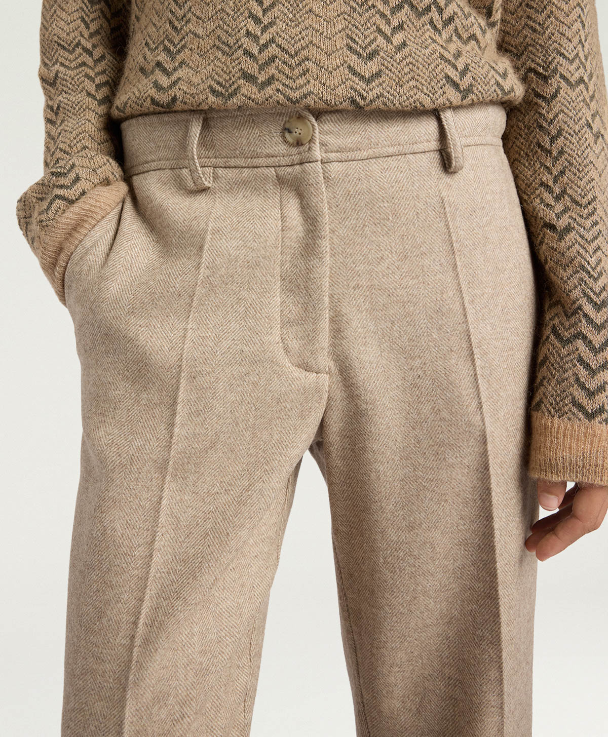 MATTHIEU PANTS IN CHEVRON WOOL - BEIGE - Momonì