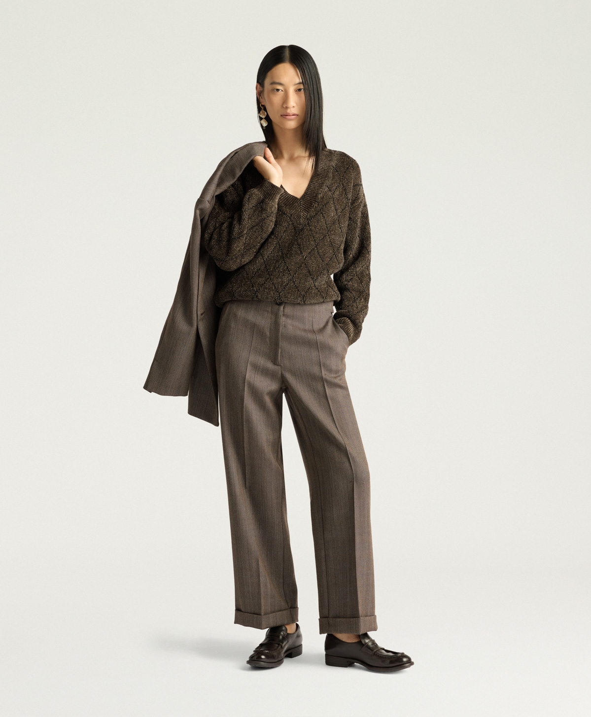 PANTALON ETHAN EN GRISAILLE DE LAINE SHETLAND - MULTICOLORE TABAC - Momonì