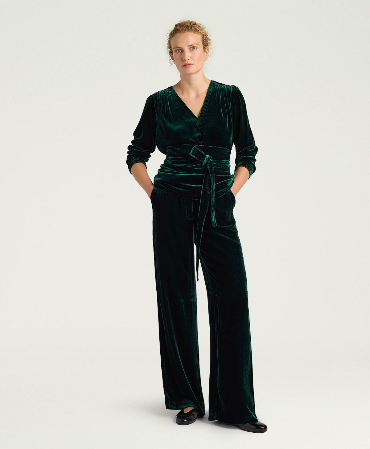 OLIVER PANTS IN SMOOTH VELVET - BOTTLE GREEN - Momonì