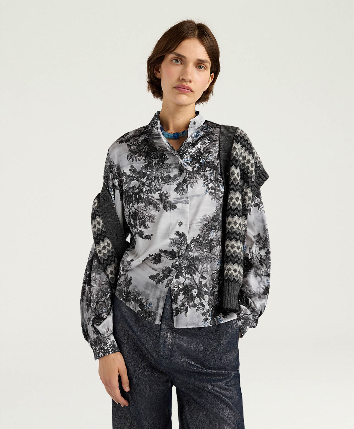 AGATHA SHIRT IN PRINTED STRETCH SATIN - SILVER MULTICOLOR - Clothing - Momonì