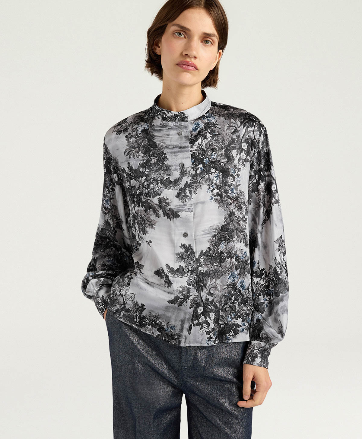 CAMICIA AGATHA IN RASO STRETCH STAMPATO - MULTICOLOR ARGENTO - Momonì