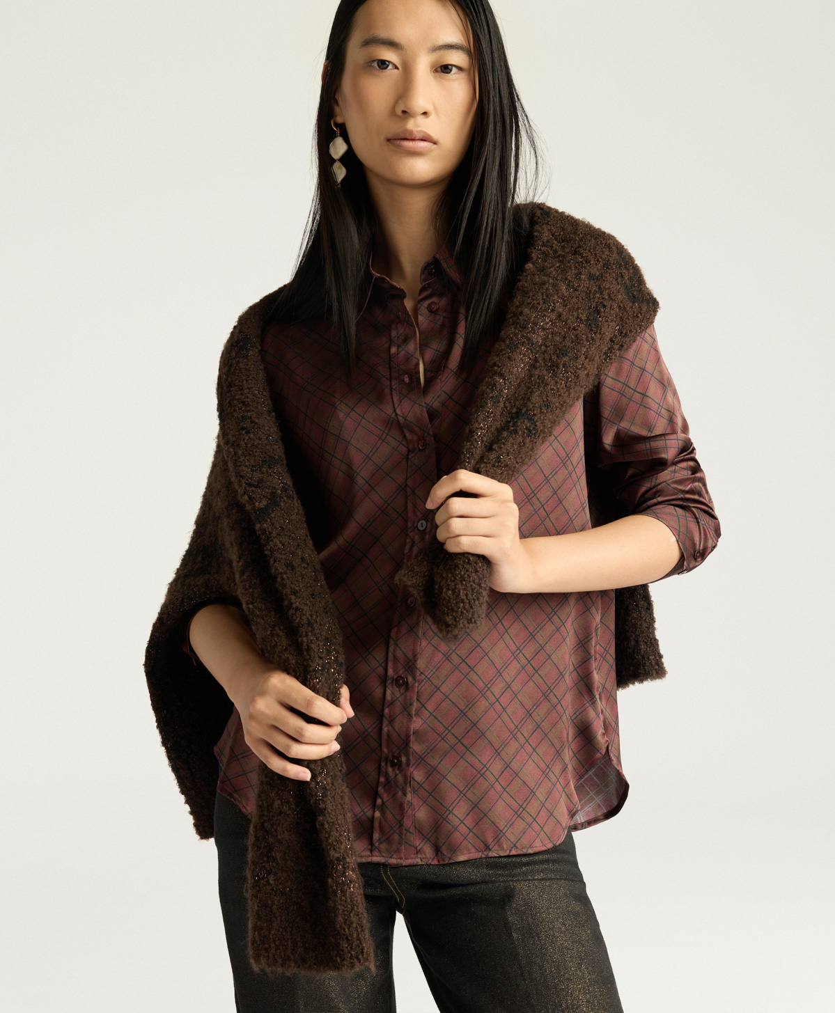 CORA SHIRT IN PRINTED STRETCH SATIN - TOBACCO MULTICOLOR - Momonì