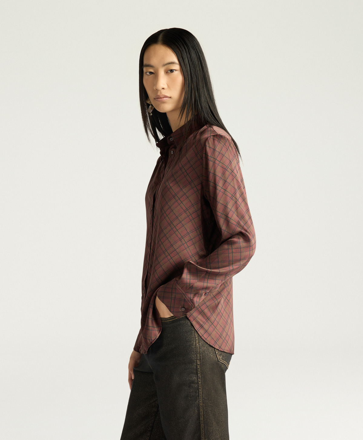 CORA SHIRT IN PRINTED STRETCH SATIN - TOBACCO MULTICOLOR - Momonì