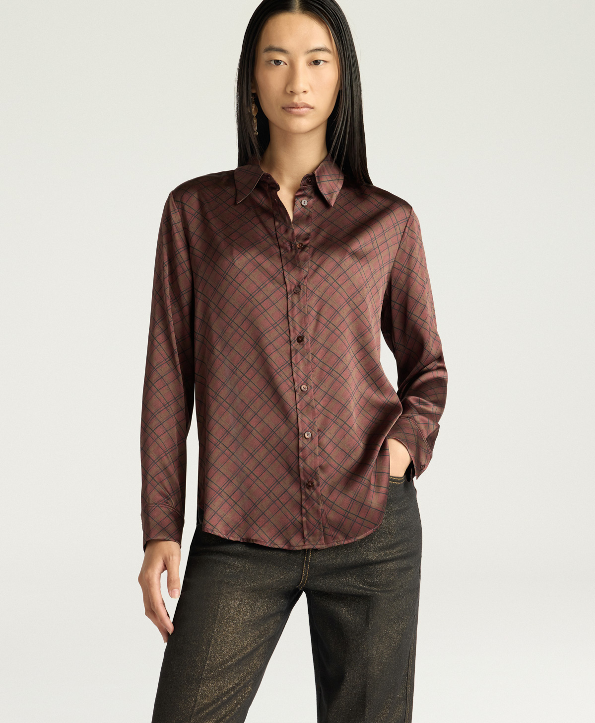 CORA SHIRT IN PRINTED STRETCH SATIN - TOBACCO MULTICOLOR - Momonì