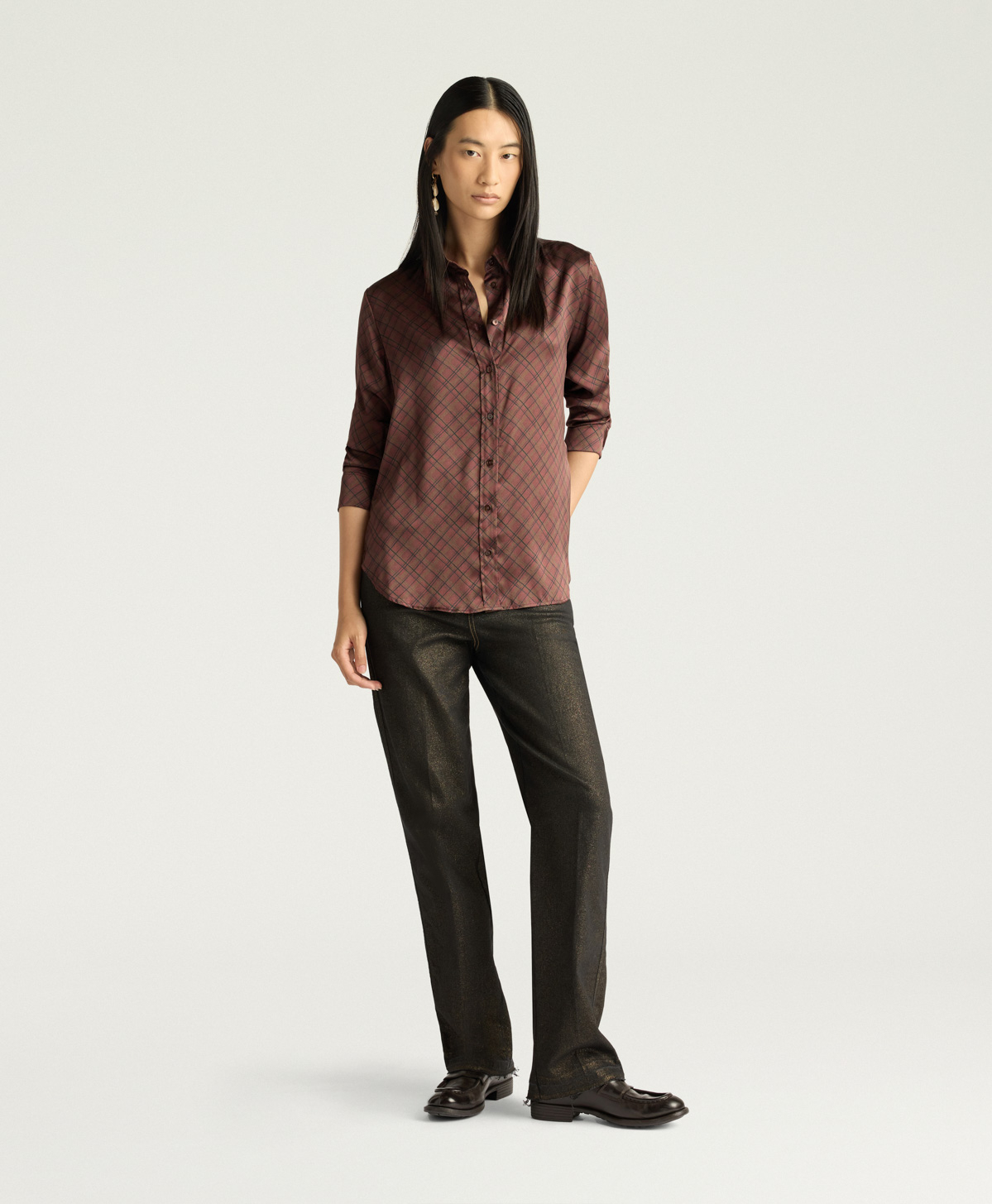 CORA SHIRT IN PRINTED STRETCH SATIN - TOBACCO MULTICOLOR - Momonì
