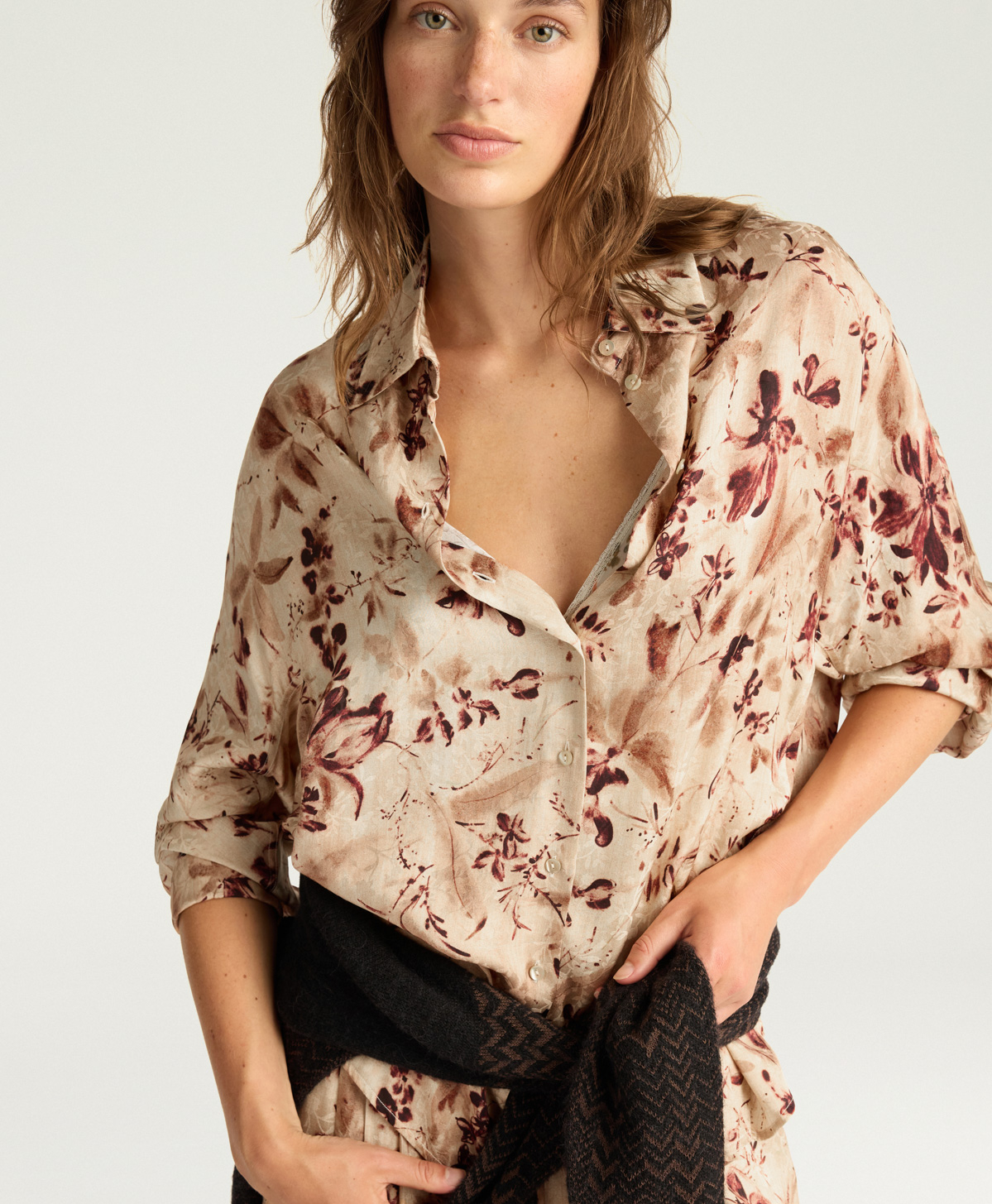 CHEMISIER ORCHID EN VISCOSE JACQUARD IMPRIMÉE - MULTICOLORE BORDEAUX - Momonì