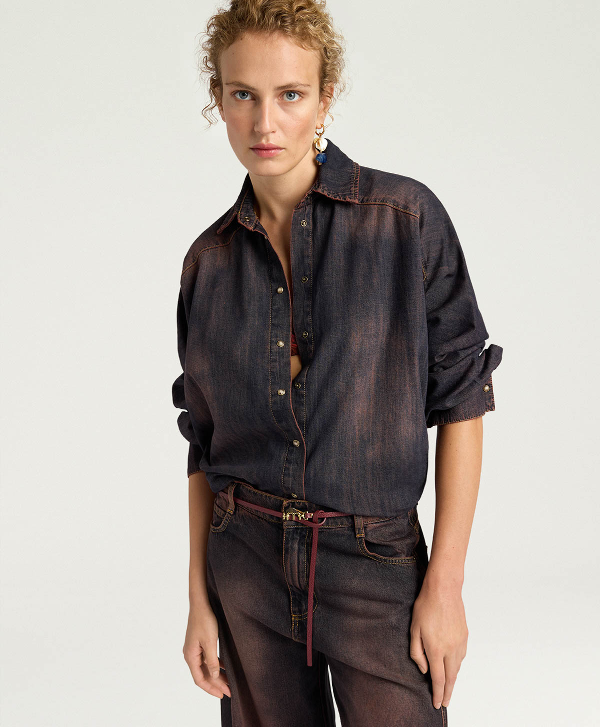 SAMUEL SHIRT IN 6 OZ STONE WASHED DENIM - WINE RED - Clothing - Momonì