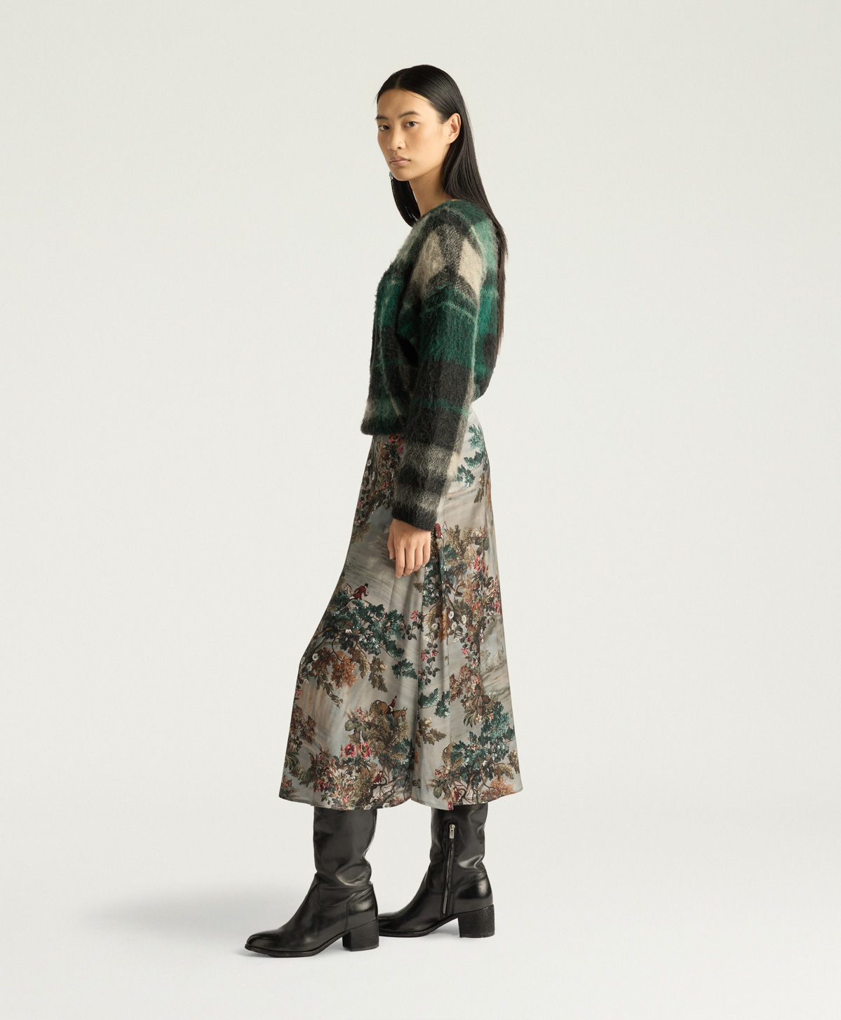 HEBE SKIRT IN PRINTED STRETCH SATIN  - MUD MULTICOLOR - Momonì