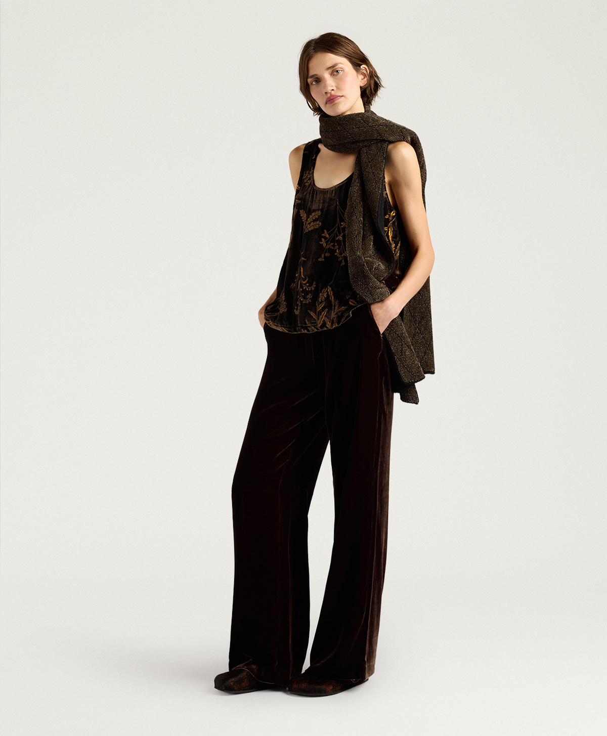 REMY TOP IN EMBROIDERED VELVET - BROWN - Momonì