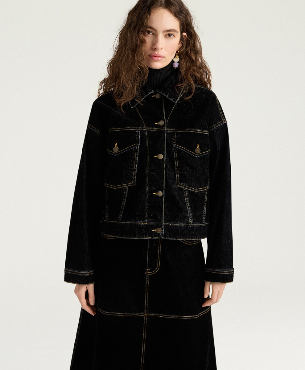 SHETLAND JACKET IN STRETCH FLOCKED DENIM - BLACK - Clothing - Momonì