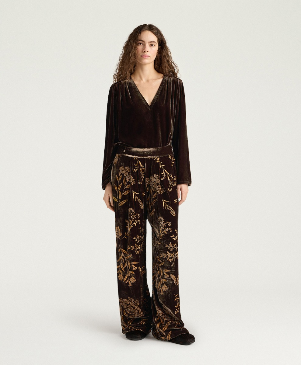 PASCAL PANTS IN EMBROIDERED VELVET - BROWN - Momonì