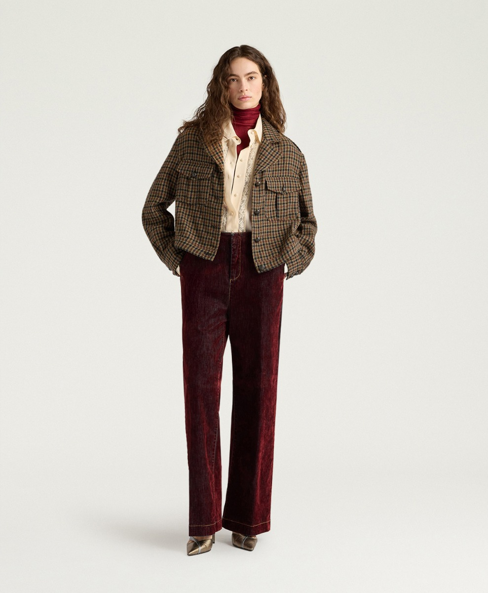 PANTALON EDIMBOURG EN DENIM FLOQUÉ STRETCH - WINE RED - Clothing - Momonì