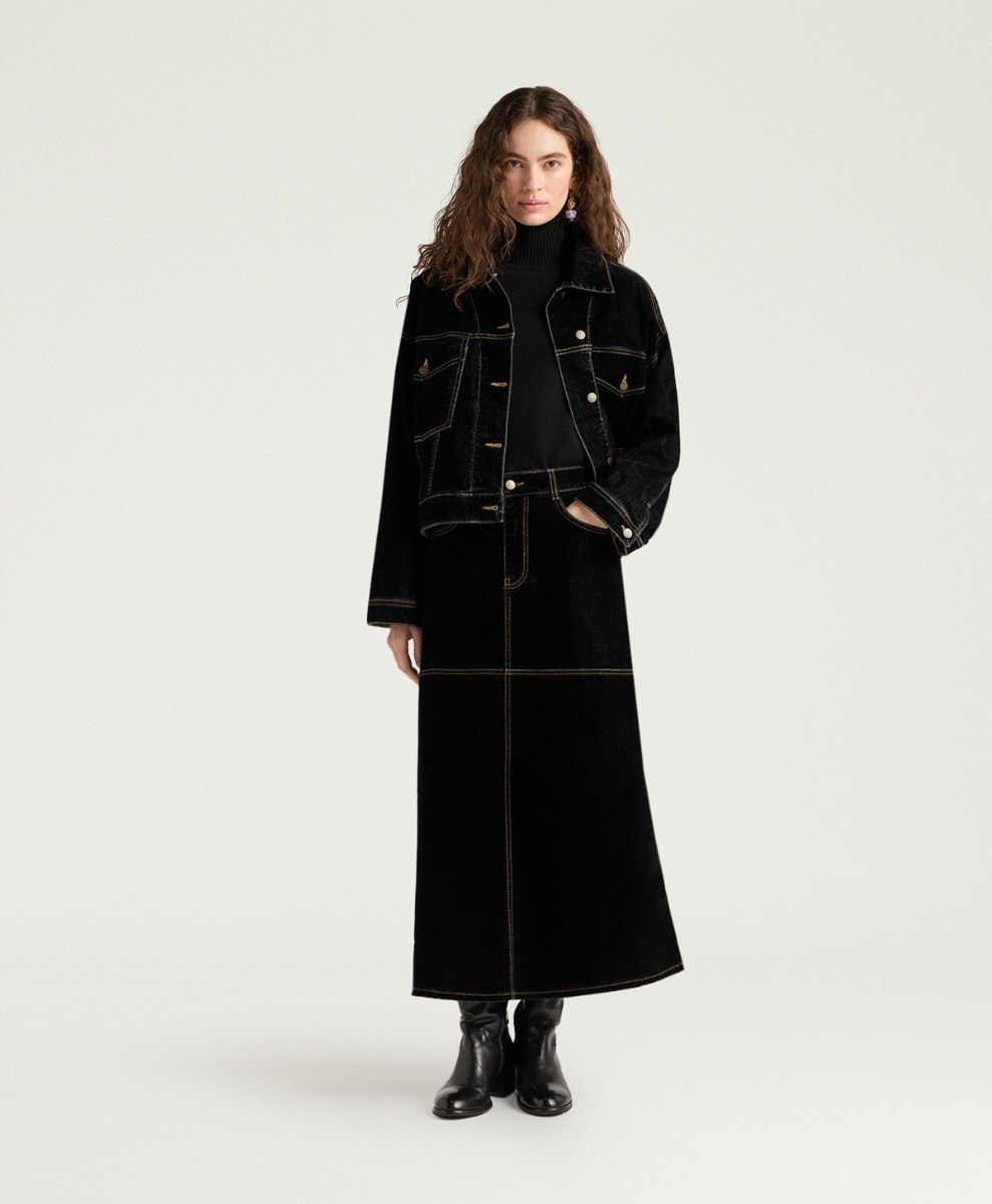 IRELAND SKIRT IN STRETCH FLOCKED DENIM - BLACK - Clothing - Momonì