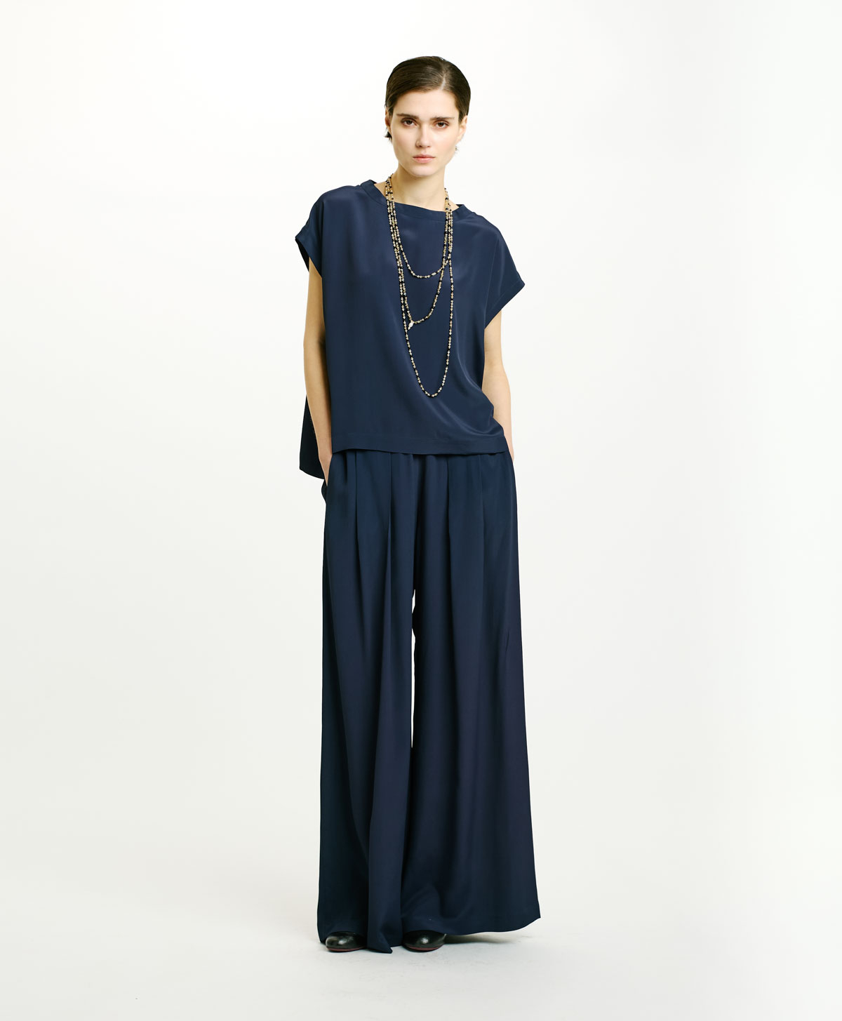 CURACAO BLOUSE IN SOLID COLOUR ACETATE/SILK - NIGHT BLUE - Clothing - Momonì