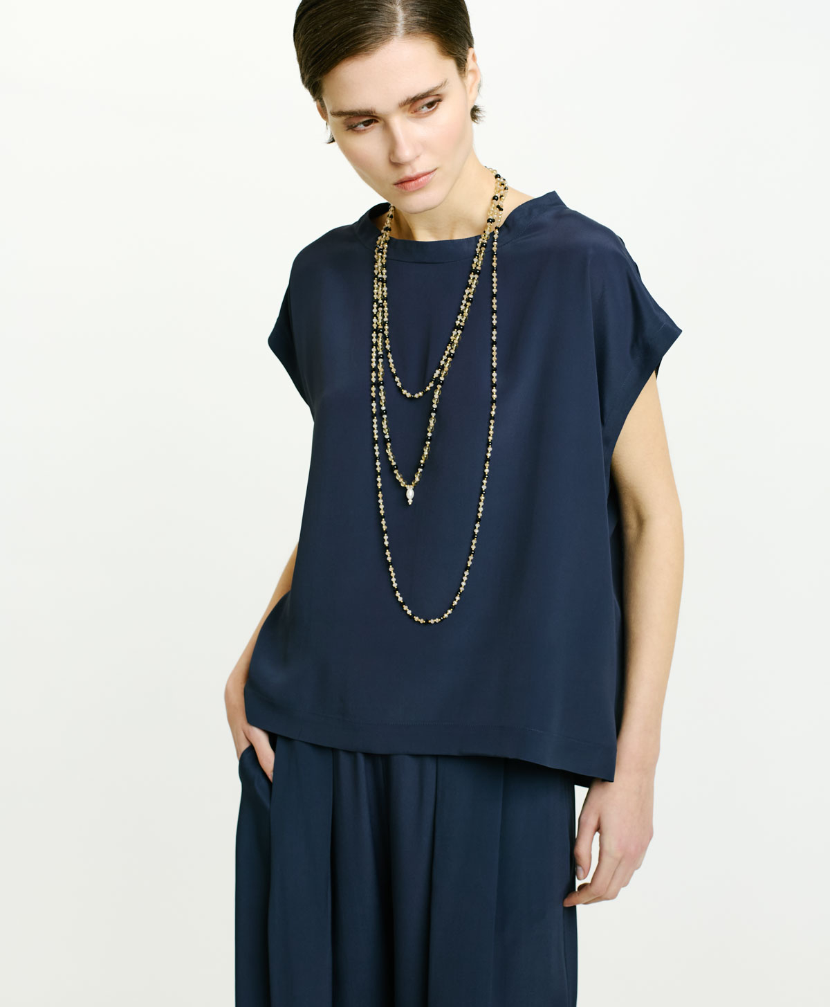 CURACAO BLOUSE IN SOLID COLOUR ACETATE/SILK - NIGHT BLUE - Momonì