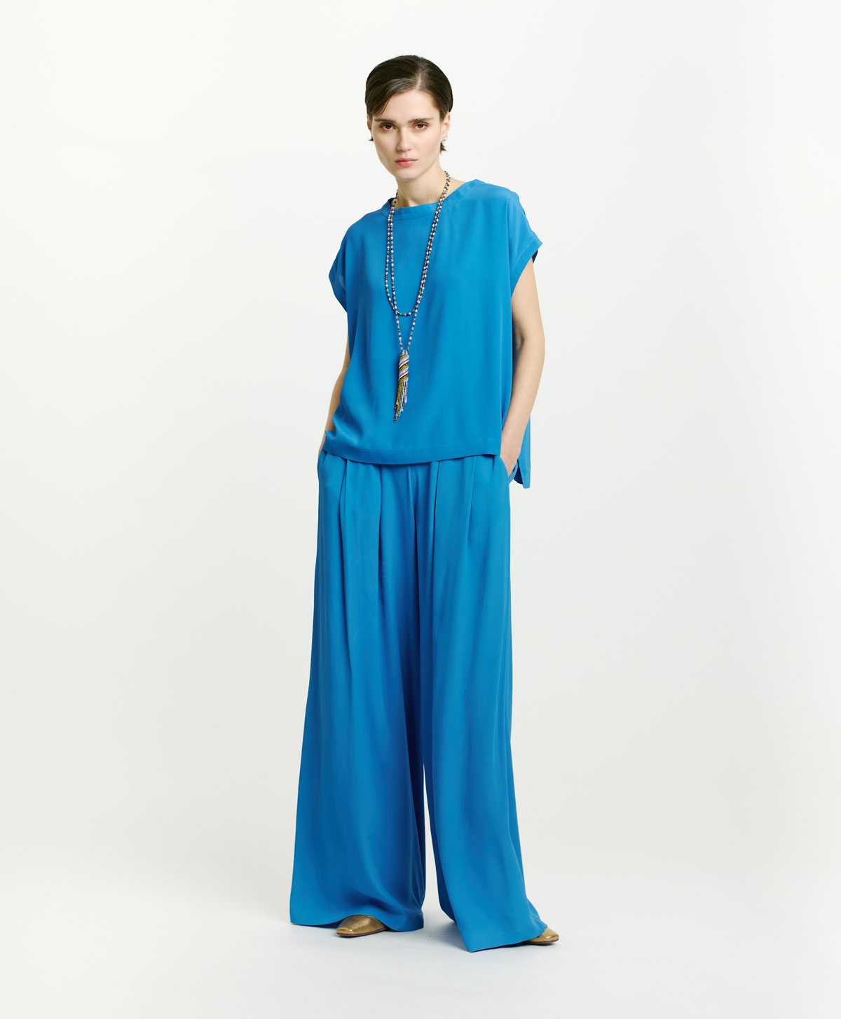 CURACAO BLOUSE IN SOLID COLOUR ACETATE/SILK - COBALT - Clothing - Momonì