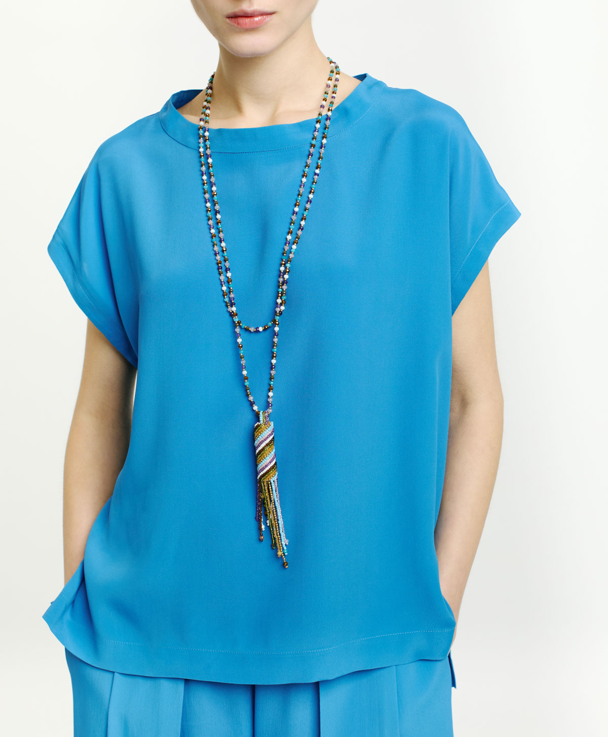 BLOUSE CURACAO EN MÉLANGE SOIE ET ACÉTATE UNI - COBALT - Momonì