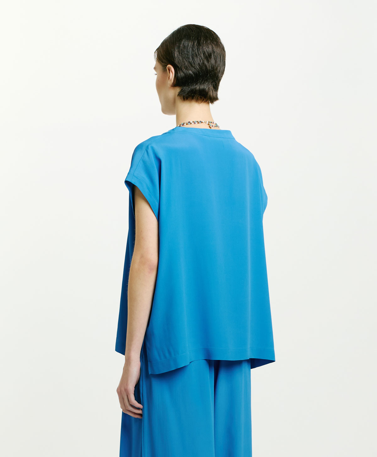 BLOUSE CURACAO EN MÉLANGE SOIE ET ACÉTATE UNI - COBALT - Momonì