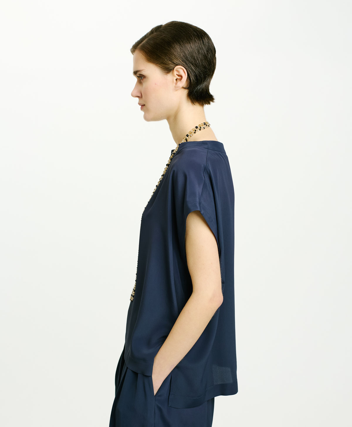 CURACAO BLOUSE IN SOLID COLOUR ACETATE/SILK - NIGHT BLUE - Momonì