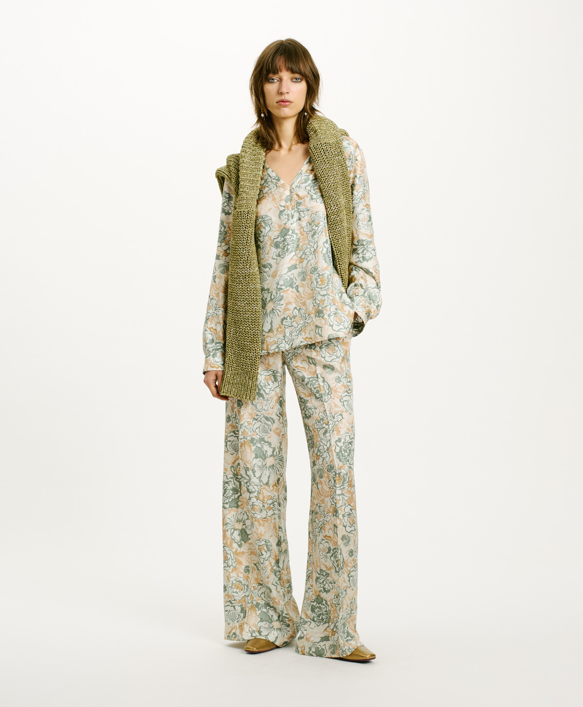 BLUSA TORRET IN TWILL DI SETA STAMPATO - TABACCO/ACQUA MARINA - Momonì