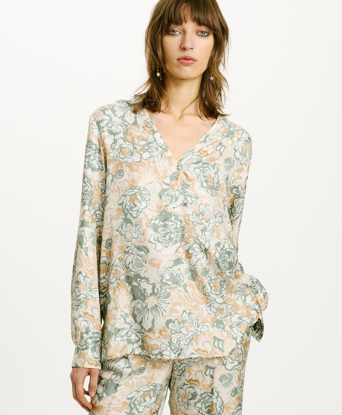 BLUSA TORRET IN TWILL DI SETA STAMPATO - TABACCO/ACQUA MARINA - Momonì