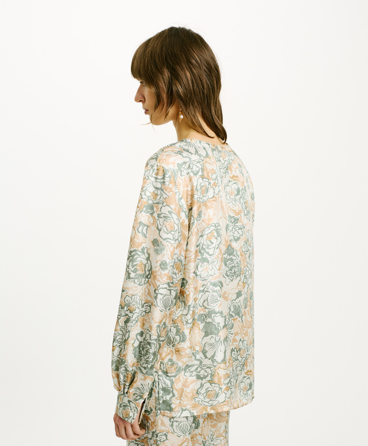 BLUSA TORRET IN TWILL DI SETA STAMPATO - TABACCO/ACQUA MARINA - Momonì